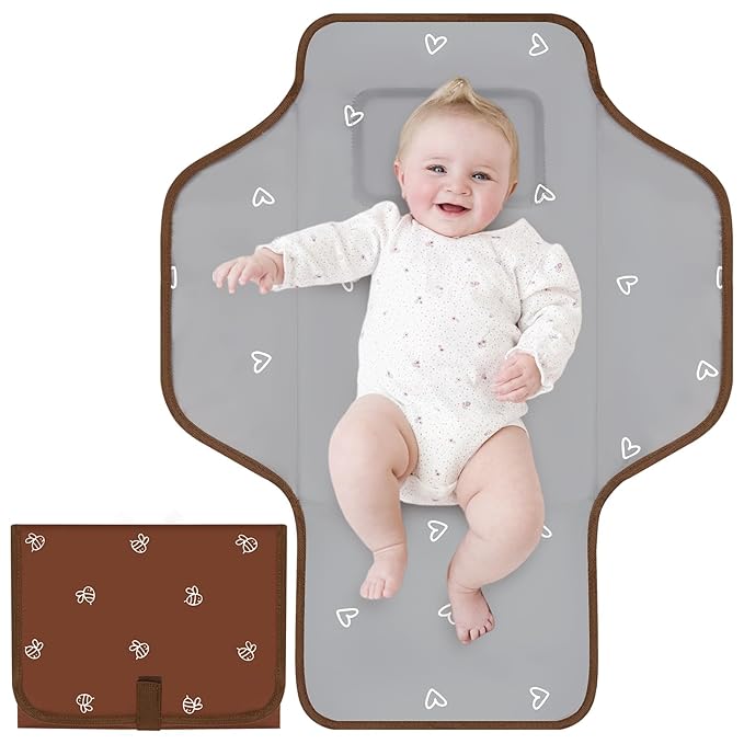 Coinarin Portable Diaper Changing Pad, Waterproof Baby Changing Mat, Foldable Travel Baby Changing Station, Newborn Essential Baby Shower Registry Gift (Brown-Bee)
