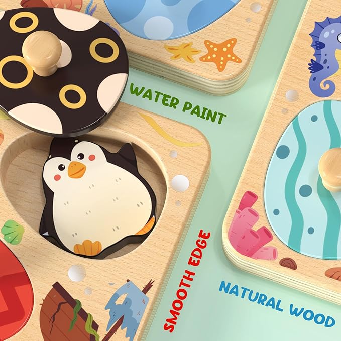 Zeoddler Wooden Puzzles for Toddlers, 8 Pcs Sea Animal Matching Egg Puzzle, Montessori Toys for Boy Girl Easter Birthday Gifts, Preschool Learning Activities & Educational Toys for Boys, Girls