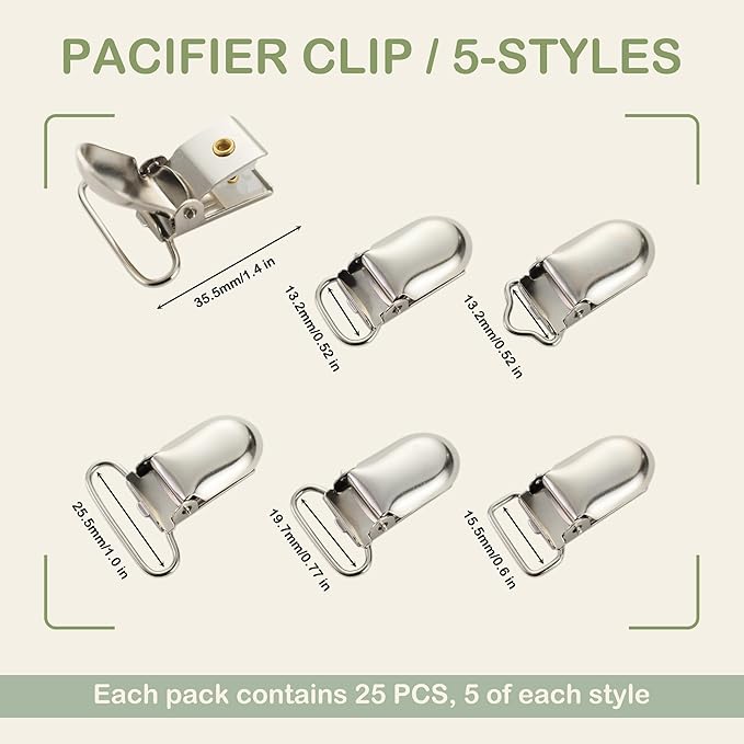 25 PCS Baby Girl Pacifier Metal Clip DIY Suspender Clips for Stroller Toy Straps Bibs Fasteners Supplies Garters Crafting Making Hardware Bulk (5-Styles, Silver)