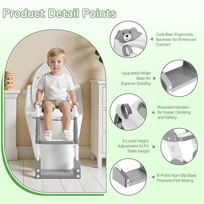Potty Training Seat, 2-in-1 Toddler Toilet Training Seat & Potty Chair for Kids Boys Girls, Height Adjustable Toilet Seat with Splash Guard, Stable Wide Base Design, Anti-Slip Steps Stool