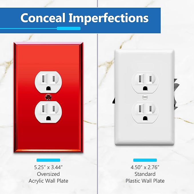 LIDER Duplex Receptacle Wall Plate, Mirrored Outlet Cover for Duplex Outlet, Plexiglass Outlet Cover, Reflective Finish, Acrylic Glass, Modern Decoration Oversized 1-Gang 5.25" x 3.44", Red, 5 Pack