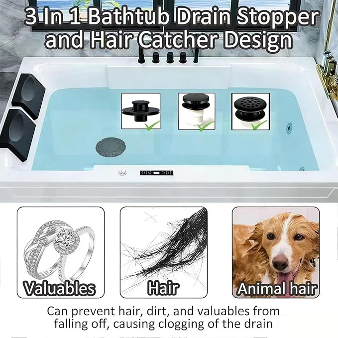 AzWzz Bathtub Drain Stopper, Pop Up Tub Stopper Plug with Bathtub Drain Hair Catcher Cover, Universal for 1.45 in to 1.8 in Tub Drain, Matte Black