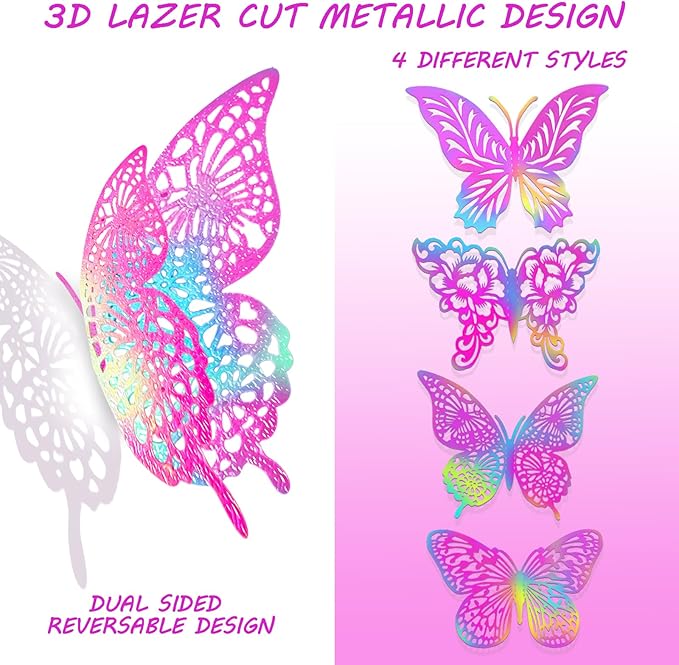 3D Gold Butterfly Wall Decor 3 Sizes 4 Styles Butterfly Party Decorations Cake Decorations Removable Stickers Wall Decor Room Mural Metallic Kids (Laser Pink Purple, 36Pcs)