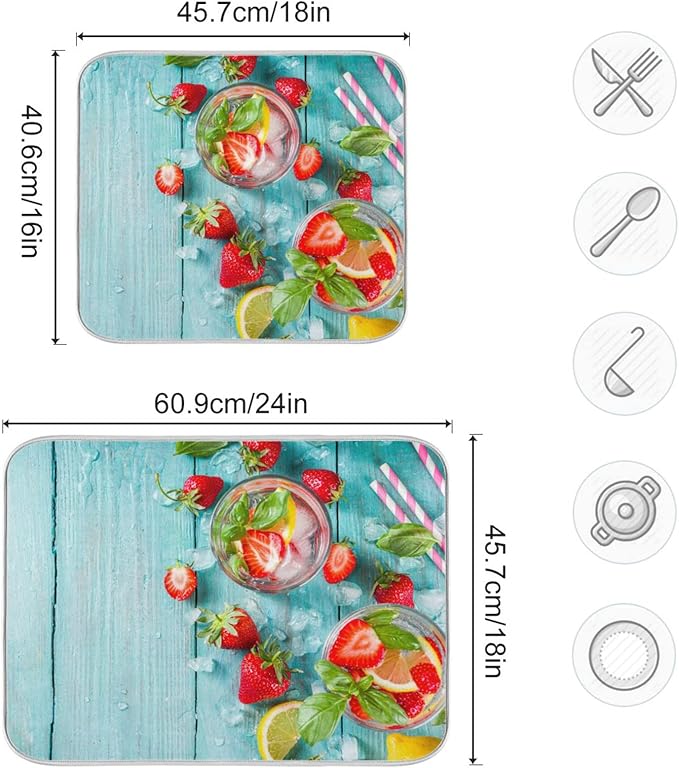 Absorbent Dish Drying Mat for Kitchen Counter - Strawberry Blue Wooden Microfiber Drying Pad, Reversible Drainer Mats for Countertop, Small 16" x 18"