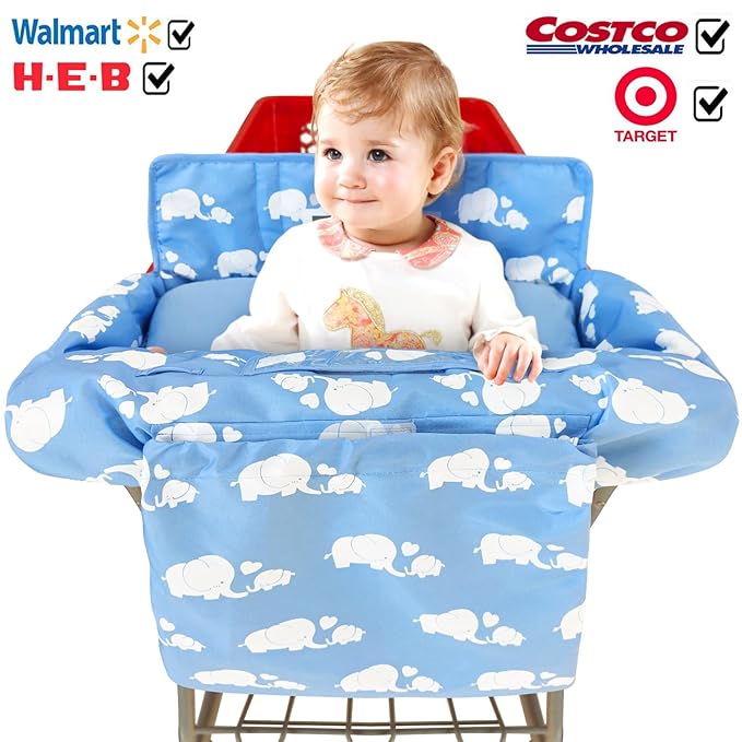 Love&go Soft Pillow Attached 2-in-1 Shopping Cart and High Chair Cover for Baby, Cotton Padded Cart Cover, Fold'n Roll Style, Portable with Carry Bag (Blue Elephant)