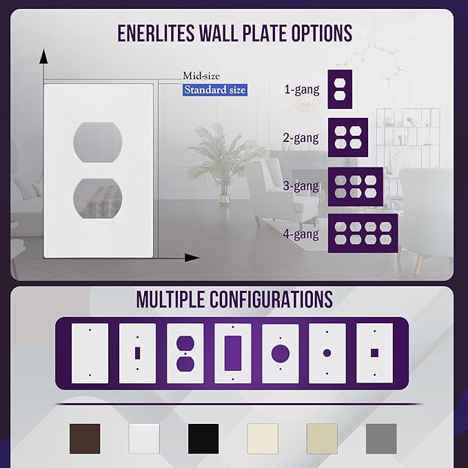 ENERLITES Screwless Duplex Wall Plate Covers, Child Safe Receptacle Outlet Covers, Size 1-Gang 4.68"x 2.93",Unbreakable Polycarbonate Thermoplastic,SI8821-W-10PCS,Glossy, White, 10 Pack