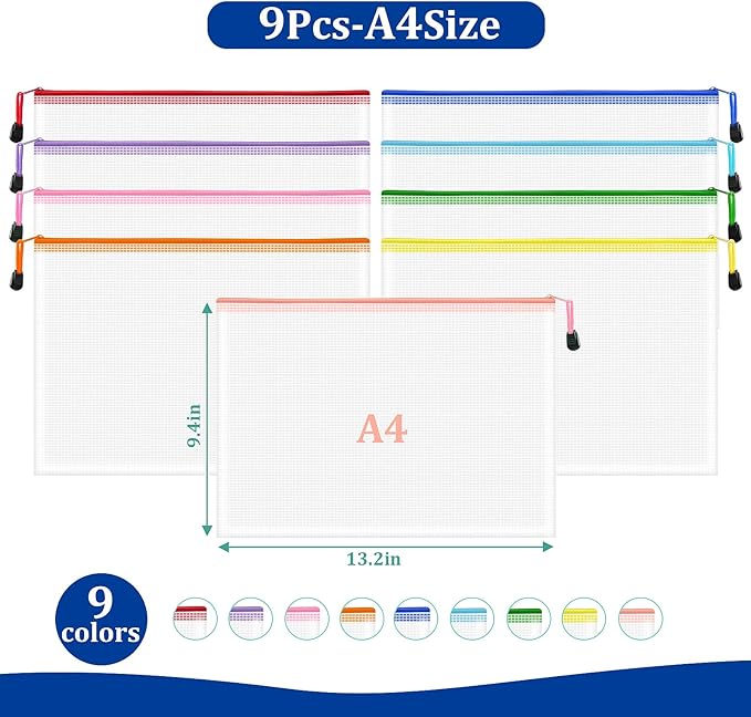 VVCOIIROEI 9pcs A4 Mesh Zipper Pouch Bags, 9 Colors, PVC Material, Reusable, Transparent, Zip Closure, Perfect for Toy Storage, Office Organization