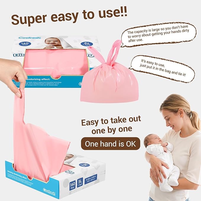 Odor Sealing Diaper Disposable Bags with Tie Handle, 160 count | Large Capacity, Unscented & Durable Diaper Trash Bags for Home & Baby Travel Use (Color:Pink)