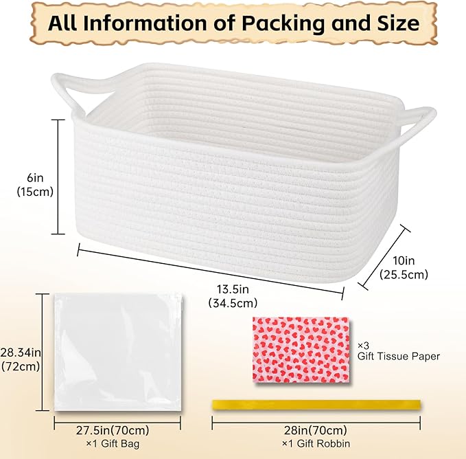 OIAHOMY Woven Basket, Gift Basket Empty with Gift Bags Ribbons and Wrap Tissue Paper, Rope Baskets for Baby Showers, Storage Baskets with Handles for Nursery, Pet Toy Organizer - Valentine's White