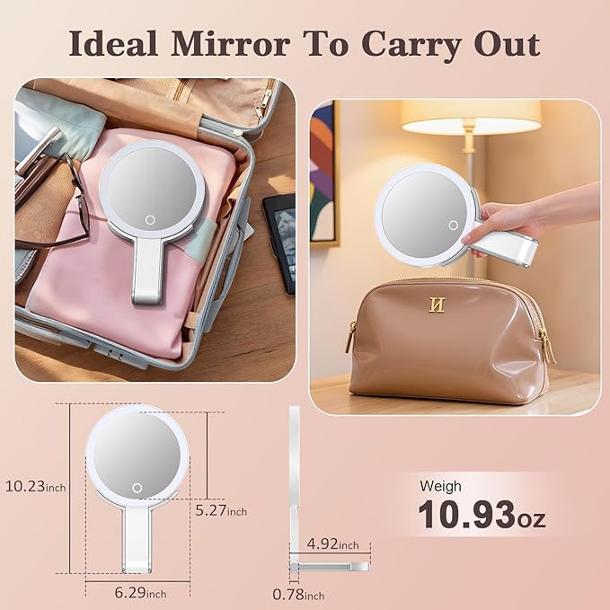 Travel Makeup Mirror with Lights, 15X/1X Double Sided Travel Magnifying Mirror, Portable Beauty LED Mirror, Valentine's Gifts For Her 3 in 1 Tabletop/Handheld/Hanging, 3 Color Lighting, Dimmable Touch