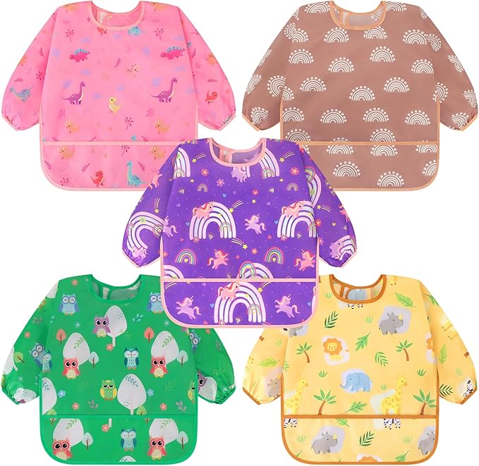 Accmor 5 Pack Long Sleeve Bibs, Baby Smock Waterproof Sleeved Bib Smock for Baby Toddler 6-36 Months