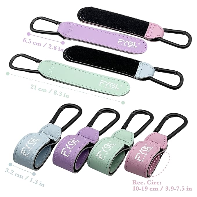 Stroller Hooks - Leather Buggy Clips, Pushchair Carabiner Clip for Bags, Easy Attachment for Pram, Universal Stroller Clips and Hooks, Stroller Accessories - Macaron (4 Pack)
