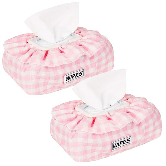 2 Pack Baby Wipes Cover – Muslin Cotton Wipes Dispenser, Universal Size Fits All Wipes & Tissues, Diaper Pouch for Nursery, Living Room & Diaper Station (Pink+Pink)