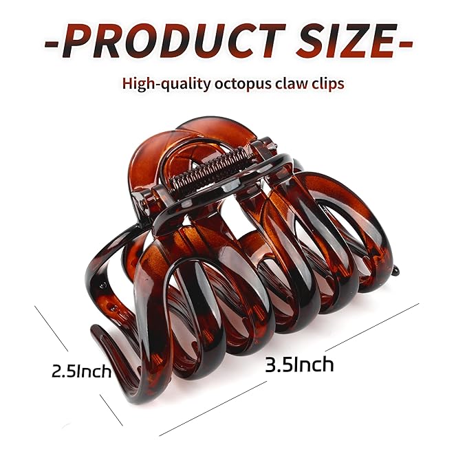 Octopus Hair Claw Clips for Thick Hair 3.6" Large Octopus Claw Clips for Women's Long Hair (2 Pcs, Brown&Dark Red)