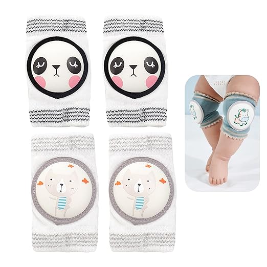 Reidio 2 Pairs Baby Knee Pads for Crawling Breathable Elastic Cotton Crawling Knee Pads Cute Unisex Baby Knee Protector with Sponge Pad for Baby Toddler (Panda & Cat)