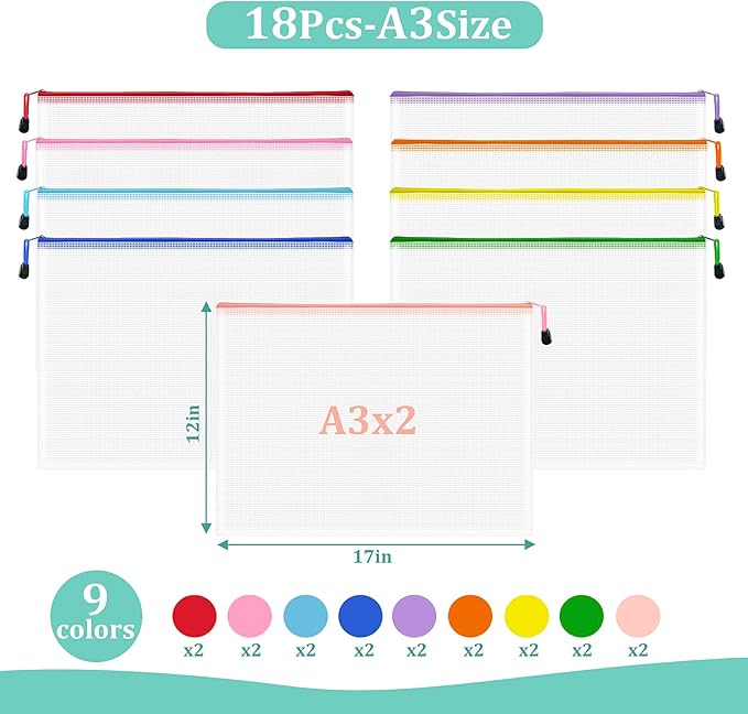 VVCOIIROEI 18pcs Mesh Zipper Pouch Board Games Storage Bags, 9 Colors Puzzle Bags, A3 17x12 Inches Large Reusable Zipper Bags for Organizing, Plastic Mesh Bags, Travel, School Office Organization