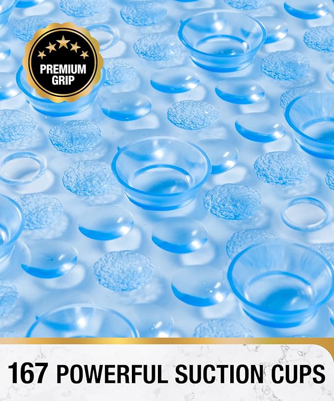 HITSLAM Oval Bathtub Mat Non Slip, 27x15 Inch Bubble Bath Tub Mat for Bathroom, Machine Washable Shower Mat with Suction Cups and Drain Holes, Blue