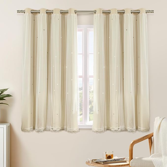 XiDi Beige Curtains with Sheer Overlay for Living Room Bedroom 2 Panels Star Hollow Out 80% Blackout Double Layer Curtains for Kids Girls Room Darkening Grommet Window Drapes with Tiebacks W52 X L63