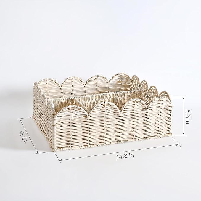 Rattan Divided Scalloped Basket,Wicker Diaper Caddy Scalloped Baske,Woven Natural Basket with 4 Dividers,Suitable for Baby Rooms, Bathrooms, Bedrooms (Rattan)