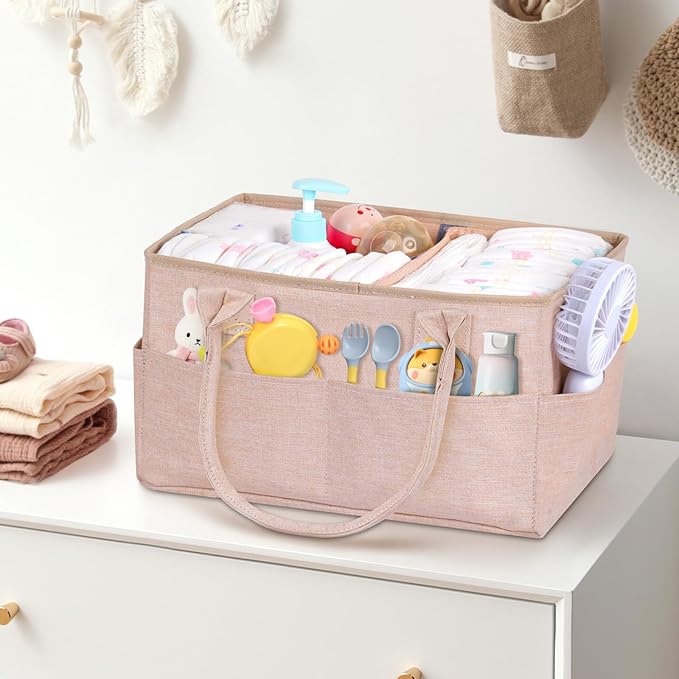 Volnamal Premium Diaper Caddy with Smart Side Wipes Pocket, Diaper Organizer, Portable Car Organizer & Nursery Basket for Newborn Essentials, Perfect Registry Must Haves for Boys & Girls, Beige