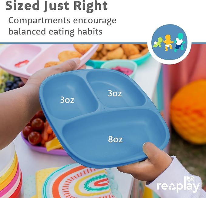 Re-Play Toddler Plates with Dividers - Deep-Walled 3 Compartments Divided Plates for Kids with 1 Lid - Dishwasher & Microwave Safe - Made in USA - Set of 3, Cool Blues