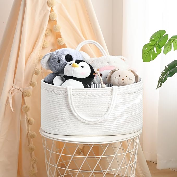 13.5L Baby Diaper Caddy Organizer, 15.3"x9.8"x7" Cotton Rope Diaper Basket, Changing Table Storage Caddy With Removable Divider, Baby Basket for Nursery, Car, Diapers, Baby Shower Gifts for Newborn