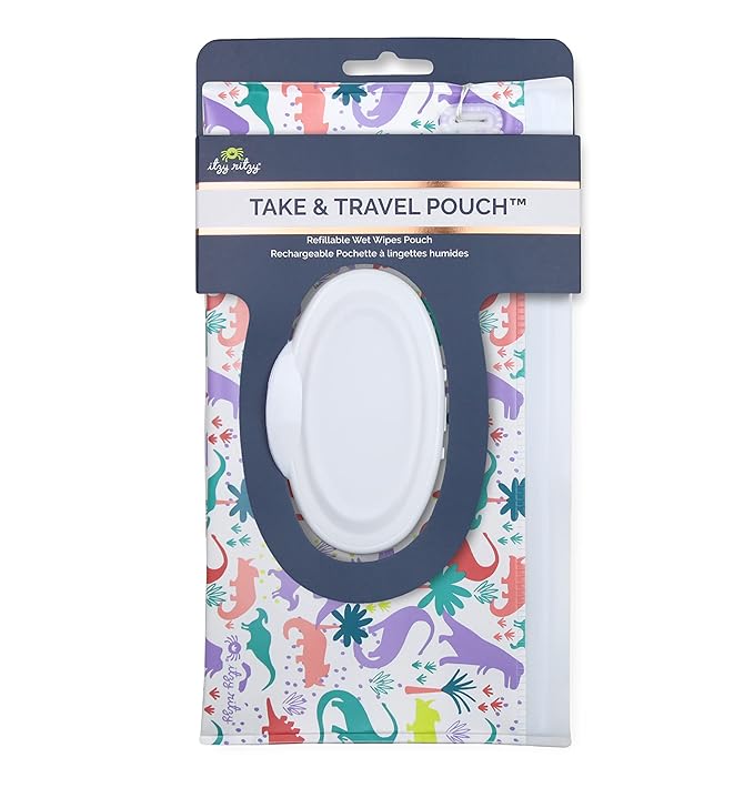 Itzy Ritzy Travel Wipes Case - Reusable Wipe Pouch – Take & Travel Pouch Holds Up to 30 Wet Wipes, Includes Silicone Wristlet Strap, Darling Dinosaurs
