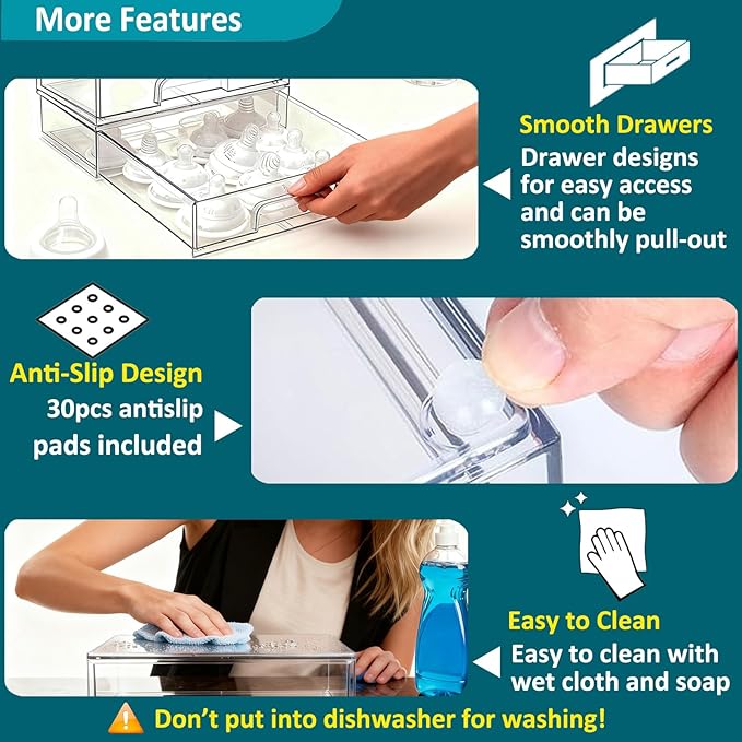 Azorteja Baby Bottle Organizer for Countertop, 5Pack Stackable Baby Organizers and Storage for Bottles, Clear Acrylic Container with Drawer for Kitchen, Cabinet, Vanity, Bathroom, Pantry Organization