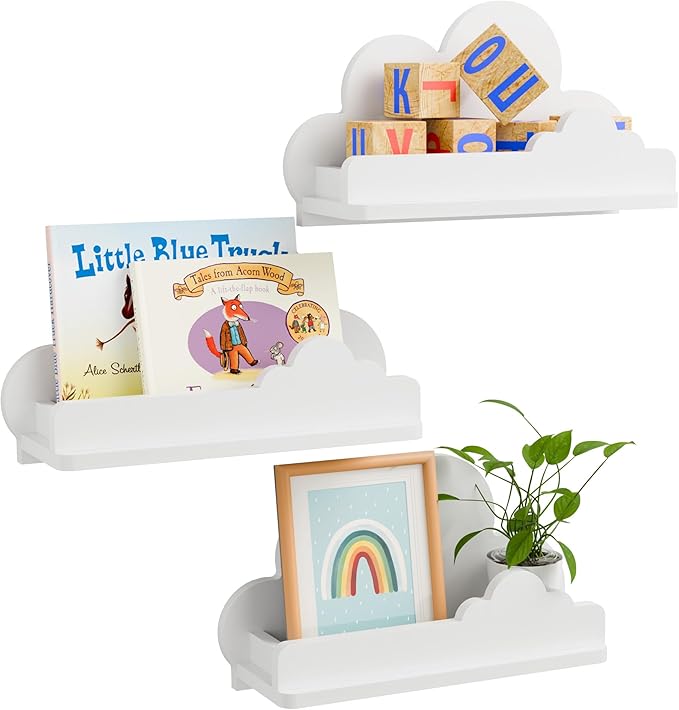 Beskadi Cloud Shelves for Kid’s Room Nursery Wall Deor Set of 3, White Cloud Bookshelf Floating Shelf, Small Figure Shelf Wall Mounted, Cute Decorative Cloud Floating Shelf for Toys, Plants & Storage