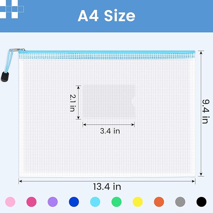 Sooez 20 Pack Mesh Zipper Pouch Bags, A4 Letter Size, Zipper Bags with Label Pocket, Waterproof Pouches for Classroom Organizer, Board Game Toy Storage, Document Bag for Teacher School Office Supplies