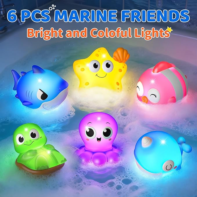 6 Packs Light Up Bath Toys for Kids Ages 1-3, Sea Animals Bathtub Toys for Baby 12-18 Months Toddlers 2-4, Water Activated Pool Toys for 1 2 Year Old Boy Girl Gifts