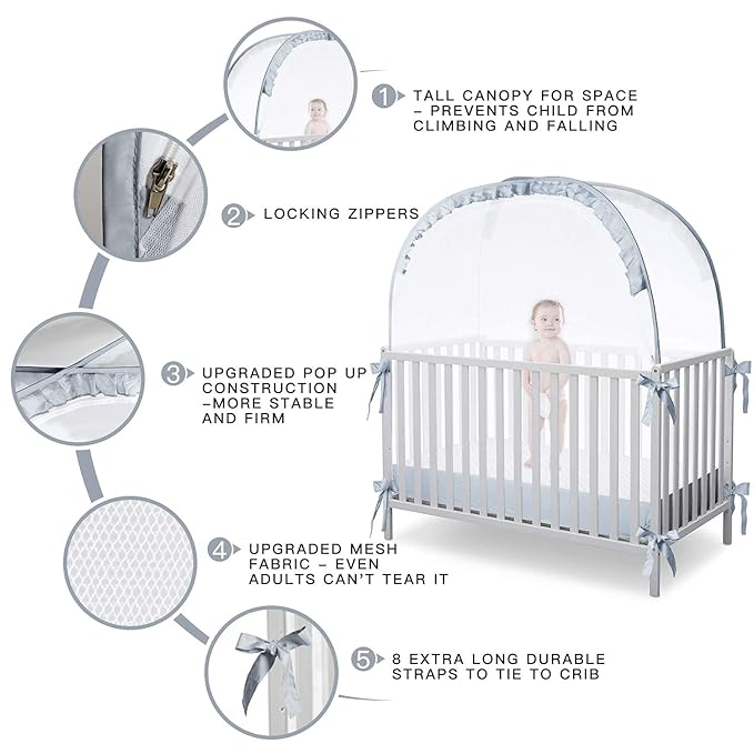 L RUNNZER Baby Crib Tent, Breathable Pop Up Crib Tent Canopy Keep Baby from Climbing Out, Crib Net to Keep Baby in with Auto-Lock Zipper(55.2" L x 27.6" W x 51.6" H)