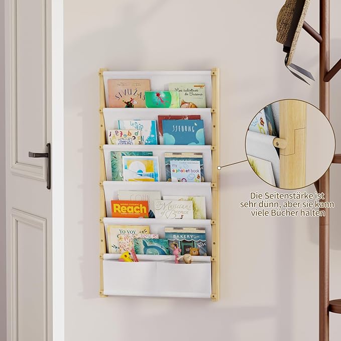 Wood 6-Tier Wall Mounted Kids Bookshelf – Floating Book Shelf For Kids Rooms,Nursery & Classroom, Hanging Bookcase Organizer For Books,Toddler Book Shelf, Montessori Bookshelf, Nursery Shelves (Small)