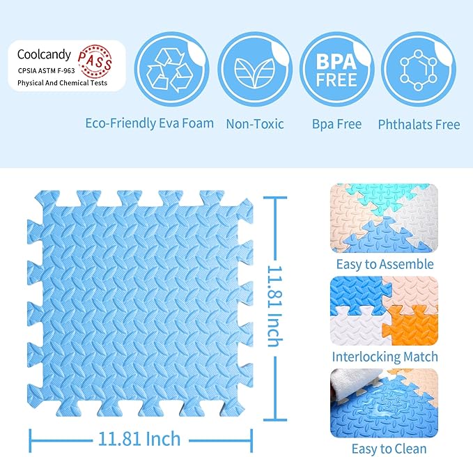 Coolcandy Baby Foam Play Mat 16Pcs with Edge Strips, 4 Colors Interlocking Floor Tiles, 0.4″ Thickened Non-Slip Puzzle Floor Mat for Infants Toddlers Playroom & Daycare