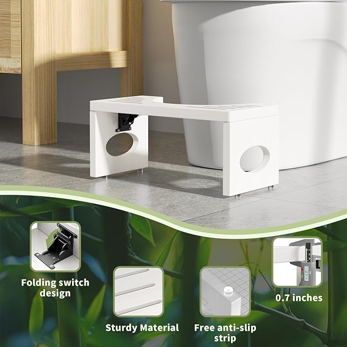 7 Inch Bamboo Toilet Stool, Foldable Poop Stool, Bathroom Step Stool Squat (White)