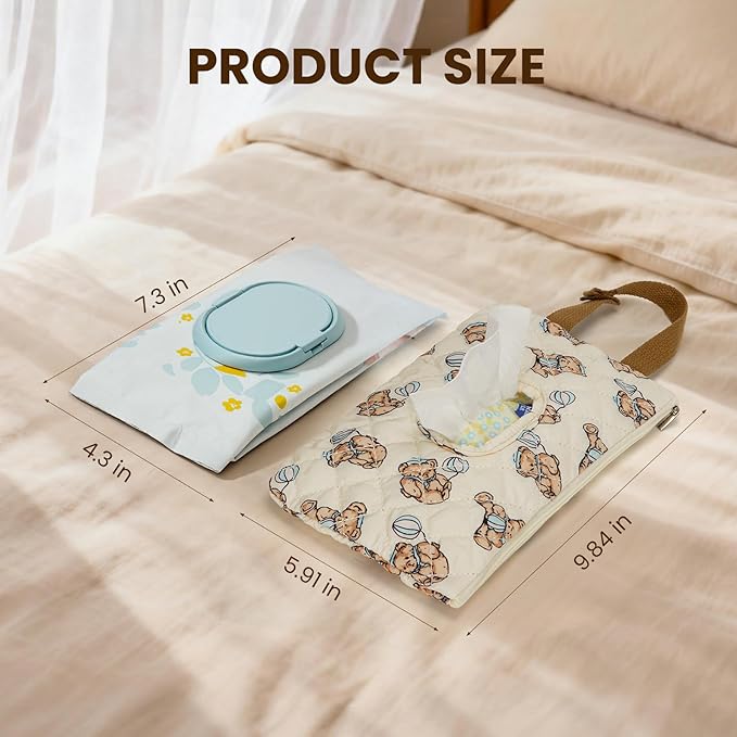 Quilted Baby Wipe Holder Quilted Wipe Pouch Portable Hanging Floral Wet Wipes Bag for Car, Stroller (Bear 2)