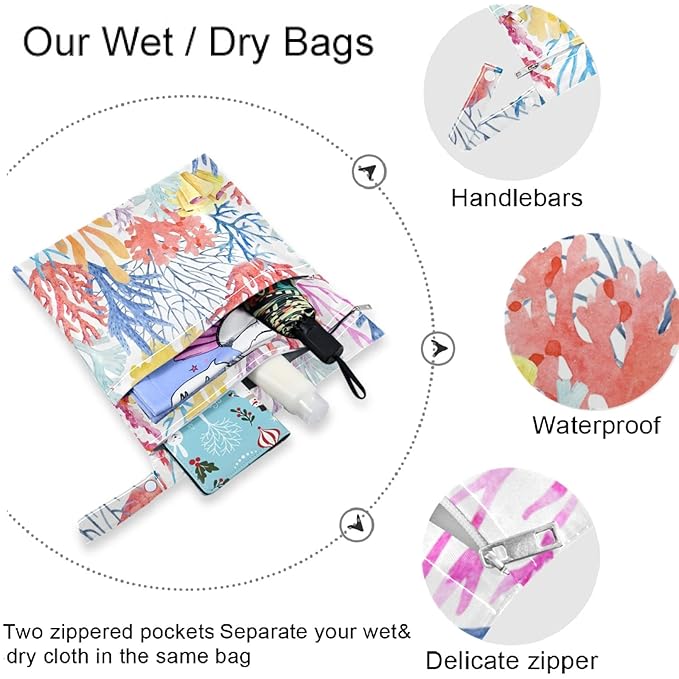 visesunny Colorful Coral Thick 2Pcs Wet Bag with Zippered Pockets Washable Reusable Roomy for Travel,Beach,Pool,Daycare,Stroller,Diapers,Dirty Gym Clothes, Wet Swimsuits, Toiletries