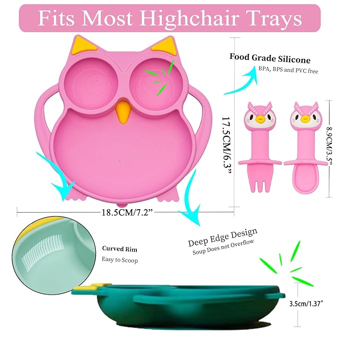 Baby Toddler Silicone Suction Plate with Spoon&Fork And Adjustable Bib Set,Silicone Baby Feeding Utensils Set，Baby Toddler Led Weaning Supplies Set-Pink Owl Set
