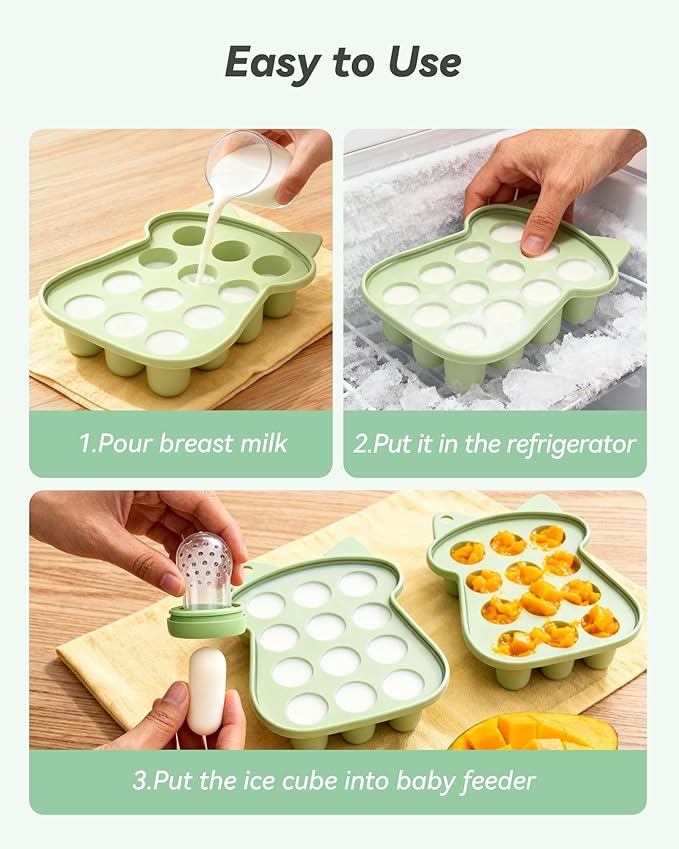 Silicone Baby Fruit Food Feeder (2 Pack) with Freezer Nibble Tray, Breastmilk Popsicle Molds for Baby Teething Relief, Feeder for Safe Infant Self Feeding, BPA Free, Dishwasher Safe, 3 Month+ Green