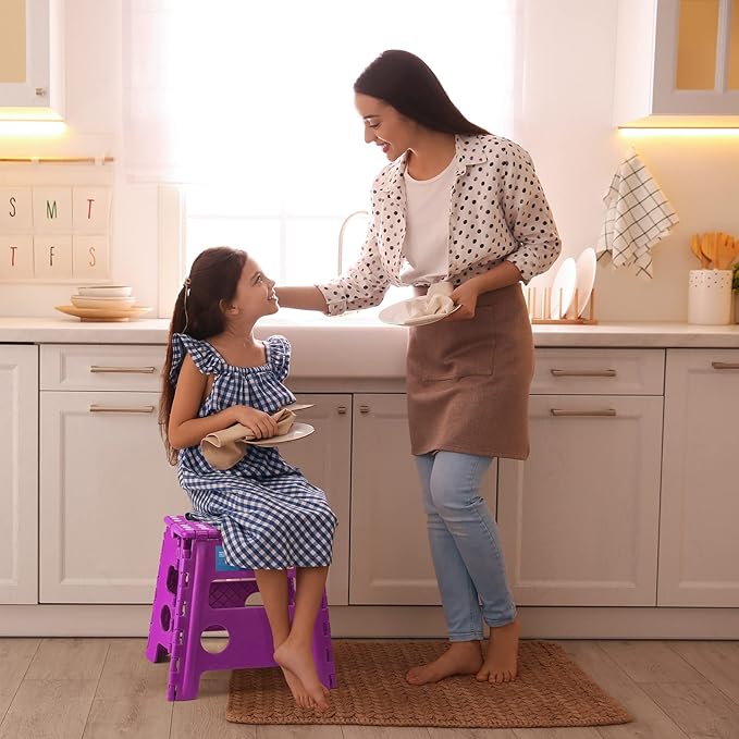 Korpai 13" Folding Step Stool for Adults and Kids Holds Up to 300 lbs,Non-Slip Folding Stools with Portable Handle, Compact Plastic Foldable Step Stool for Bathroom,Bedroom, Kitchen, Purple,1PC