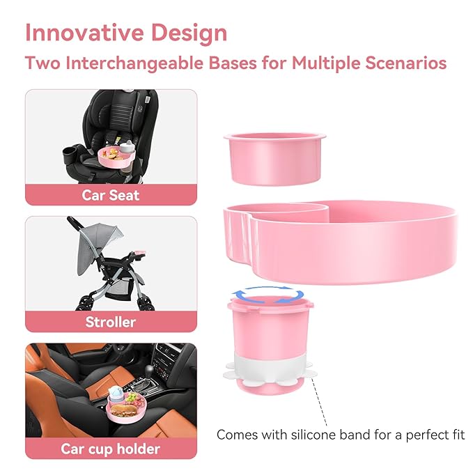 2 Pack Car Seat Cup Holder Snack Tray: Travel Tray for Kids Car Seat Food Tray for Kids Travel, Toddler Carseat Eating Plate Table, Kid Road Trip Table Essentials Accessories, Pink+Blue