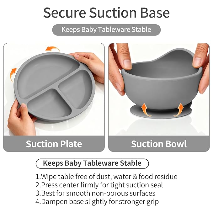16 Pack Silicone Baby Feeding Set, BPA-Free Baby LED Weaning Supplies, Include Suction Plates, Baby Bowls, Silicone Fork & Spoon, and More, First Stage Baby Food Eating Utensils - 6+ Months(Grey,16)