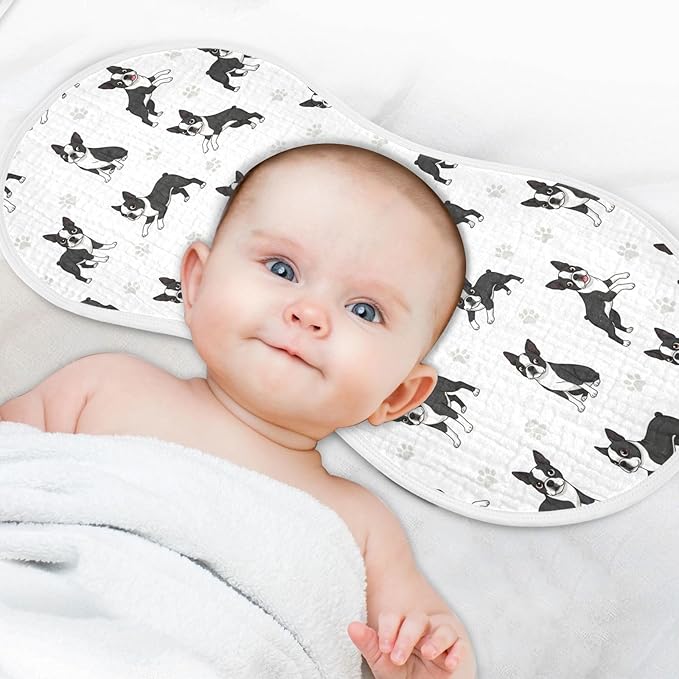 Qinllo 2 Pack Muslin Burp Cloths Boston Dogs Paw White Cotton Baby Burp Cloths Ultra Absorbent Soft Thick Burping Cloth for Baby Boys Girls 22x11 Inch