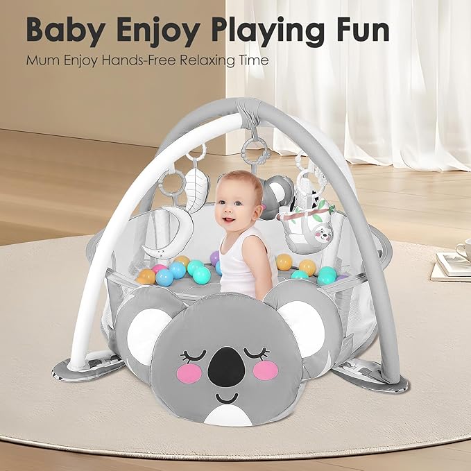 dearlomum 4-in-1 Baby Play Mat Baby Gym, Interactive Including 30 Balls with 5 Learning Toys for Newborn Toddler(Koala)