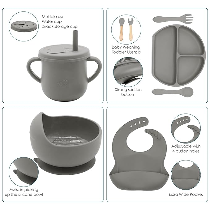 Dormlony 100% Silicone baby feeding set,BPA free Baby dishes set with Suction Bowl Divided Plate,Toddler Self Feeding Dish Set with Spoons Forks Sippy Cup And Bib, Baby Eating Utensils (Light Brown)
