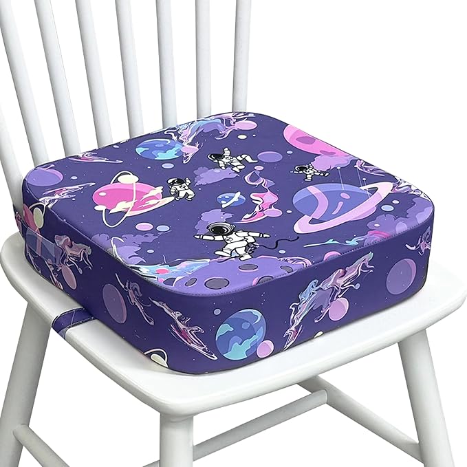 Toddler Booster Seat for Dining Table, Waterproof Kids Booster Seat for Kitchen Chair, High Density Foam Cushion with Non-Slip Bottom, Washable Cover & Adjustable Straps (Purple Starry Sky)