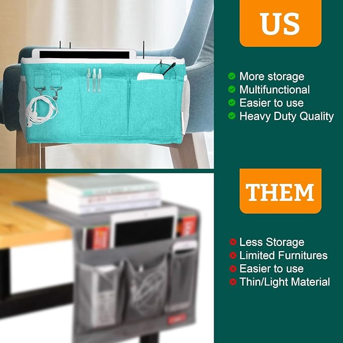 Bedside Caddy Organizer Hanging Storage Bag with Pockets for Books, Magazines, Phone, Tablet & Water Bottle – Bedside Storage for Dorm, Bunk Beds, Hospital Beds & Cribs, Green