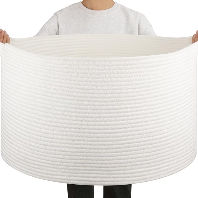 OIAHOMY 90L Blanket Basket for Living Room, Large Basket 23" x 23" x 13" with Handle, Laundry Hamper for Blankets, Pillows, Toy Storage for Kids, Dogs - White
