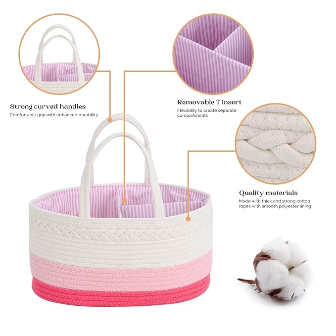 luxury little Diaper Caddy Organizer, Large Cotton Rope Nursery Baby Basket, Changing Table Organizer for Baby Diaper Storage, Portable Car Organizer Removable Divider (Pink, Large)