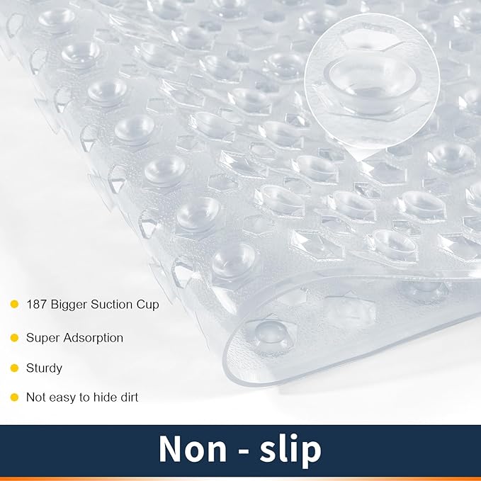 Yimobra Bathtub Mat Non Slip, 27.5"x15.5" Machine Washable Shower Floor Mat, Soft on Feet, Bathmat with Drain Holes and Suction Cups, Bathroom Essentials, Clear